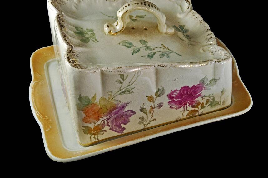 Antique Cheese Dish with Lid, F A Mehlem, Bonn, Germany, Cheese Keeper,  Floral, Brushed Gold Trim, Porcelain