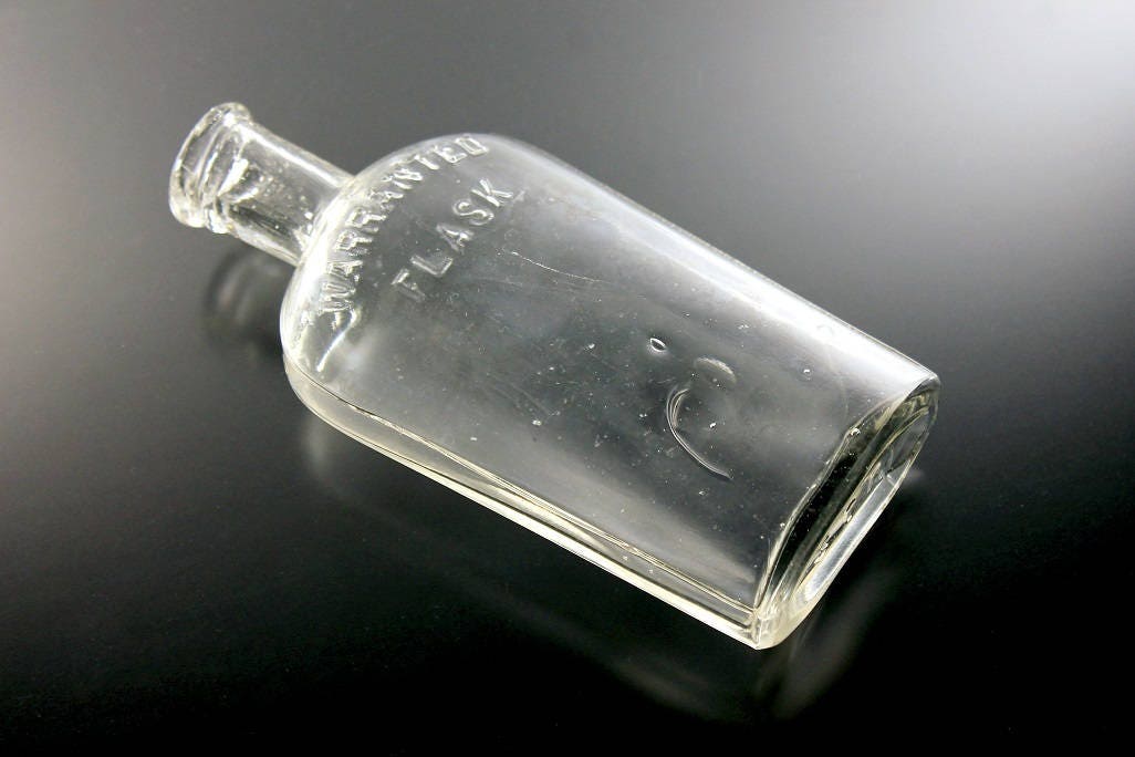 Antique Bottle, Warranted Flask, Whiskey Flask, Clear Glass, Cork