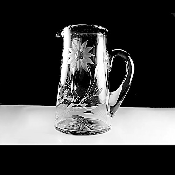 American Brilliant Crystal Pitcher, Antique Glass, Wheel Cut Floral, 64 Ounce, Two Quart