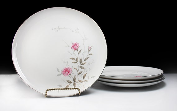 Dinner Plates, Towne China, Roselle, Pink Roses and Gray Leaves, Set of 4, Fine China