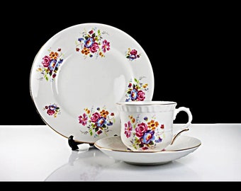 Crown Staffordshire Tea Trio  Teacup, Saucer, Tea Plate. Bone China, 22 Kt. Gold Trim