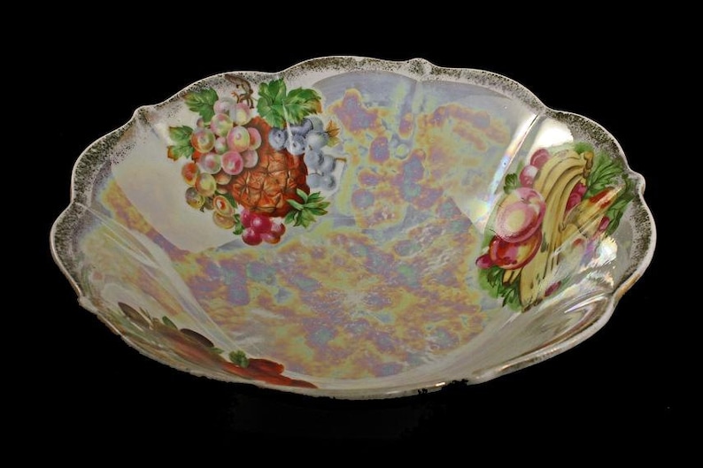 8 Inch Iridescent Opalescent Porcelain Fruit Bowl Fruit Pattern Lusterware