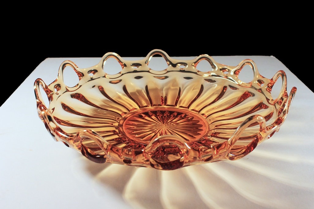 Fostoria Glass Bowl, Colonial Prism, Amber, Depression Glass, Centerpiece, Ribbed, Lace Edge