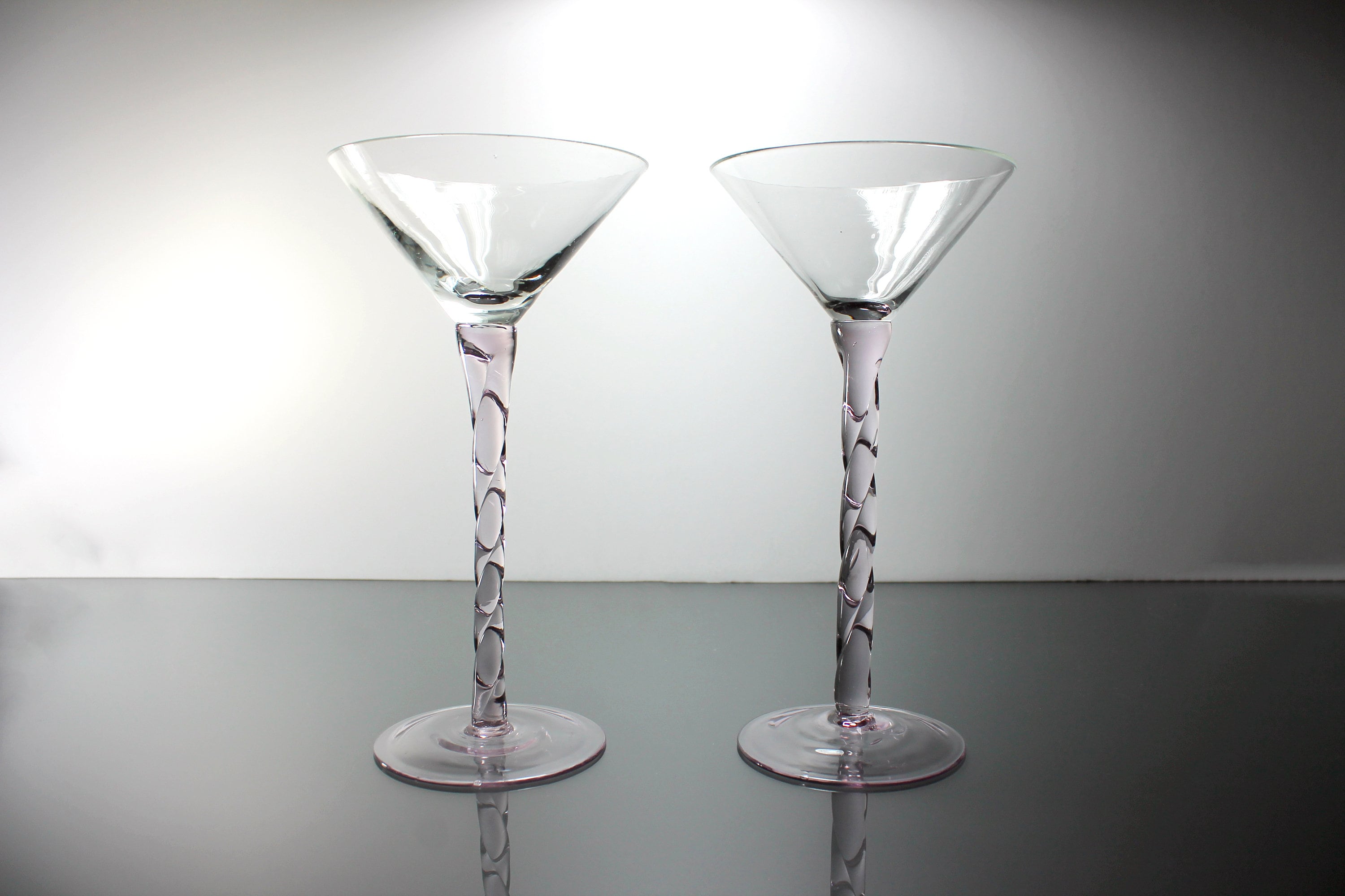 Tall Martini Glasses, Pink Twisted Stem, Set of 2, Handblown, Barware