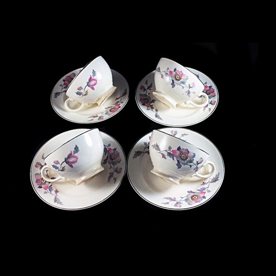 Cups and Saucers, Symphony by Salem, Platinum Gold, Floral Pattern, Set of 4, Porcelain