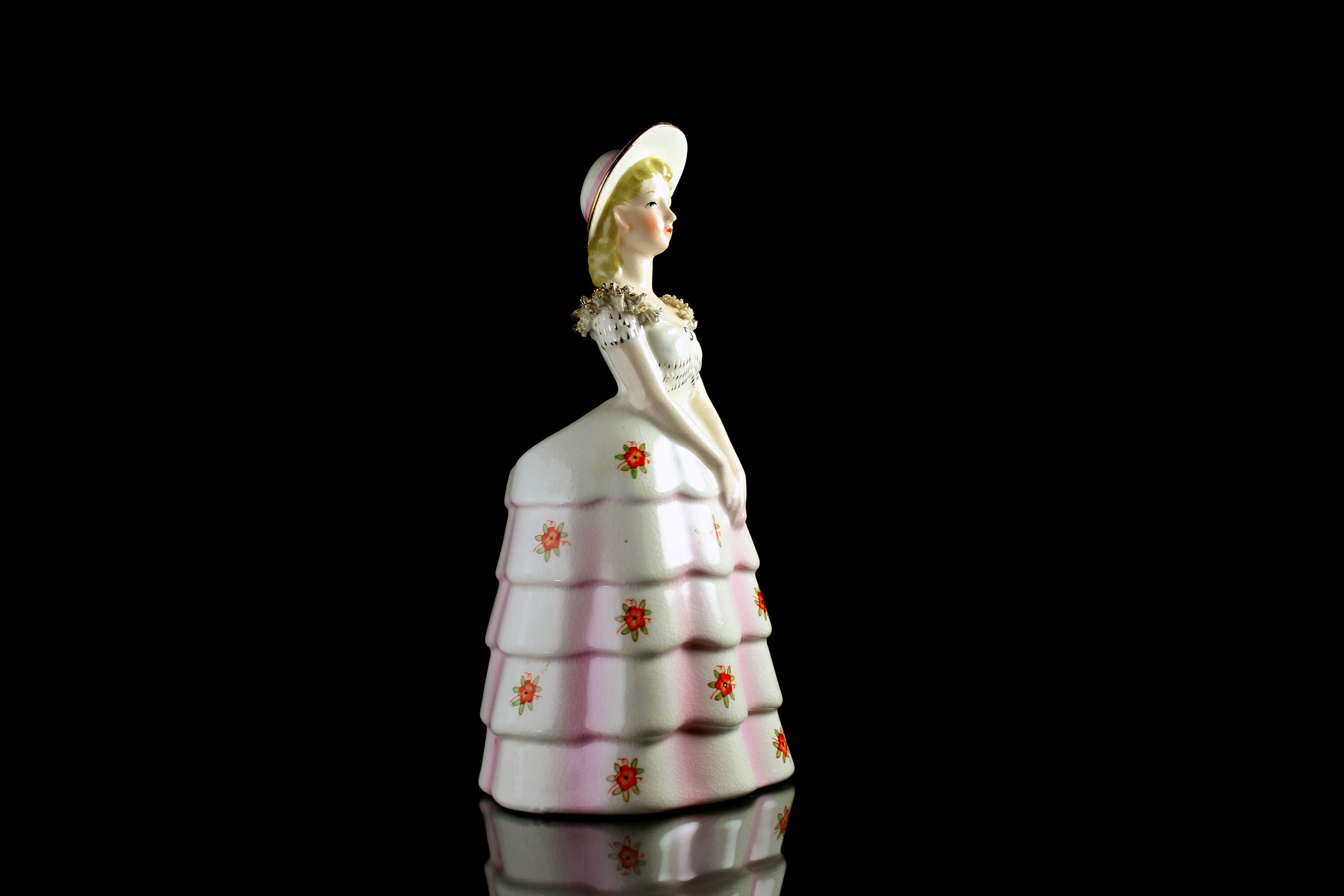 Lady Planter Figurine, Victorian Dress, Vase, Statue, Pink and White, 9