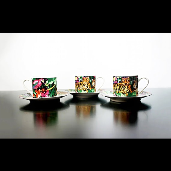 Demitasse Cup and Saucers, Vitromaster, Rainforest, Stoneware, Animals and Flowers, Set of 3