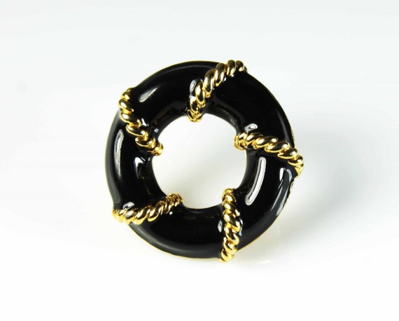 Anne Klein Brooch, Black and Gold, C-Clasp Closure, Signed,  Woman's Gift, Fashion Jewelry, Costume Jewelry