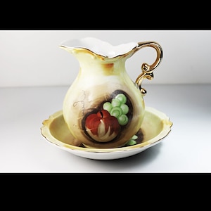 Miniature Pitcher and Bowl, Artmark Japan, Fruit Pattern, Porcelain, Gold Trimmed, Collectible