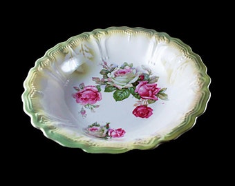 Vegetable Bowl, Germany, Pink Roses, Green Trimmed,  9 Inch, Serving Bowl, Embossed, Centerpiece, Decorative