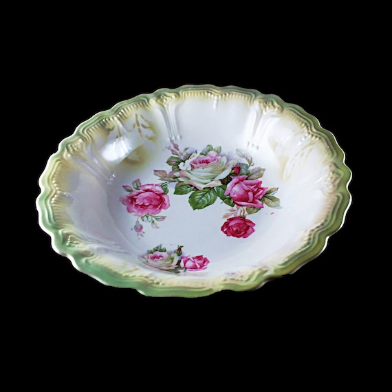 Vegetable Bowl, Germany, Pink Roses, Green Trimmed,  9 Inch, Serving Bowl, Embossed, Centerpiece, Decorative