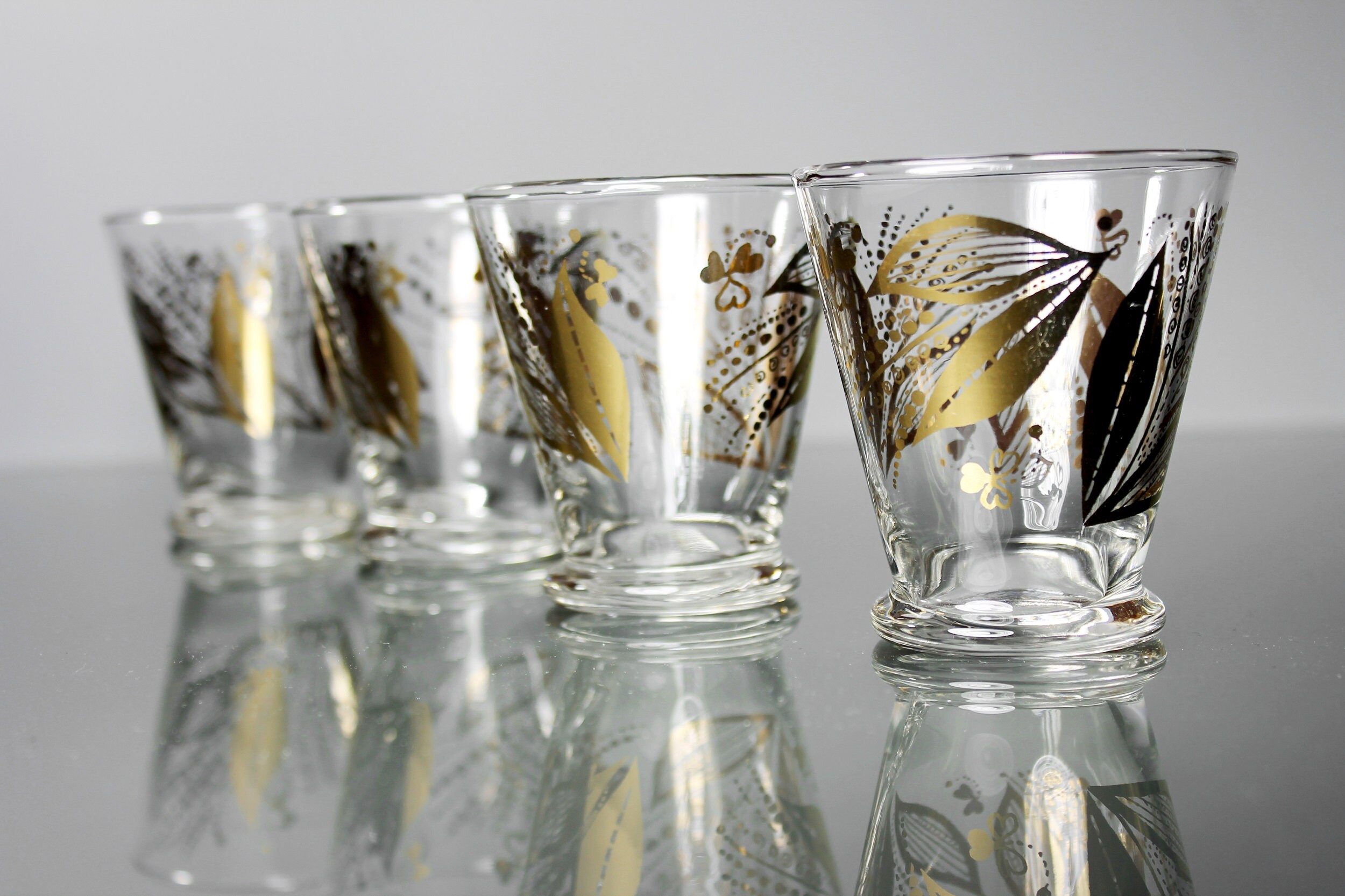 Libbey Juice Glasses, Set of 4, Gold Floral, Cocktail Glasses, Barware