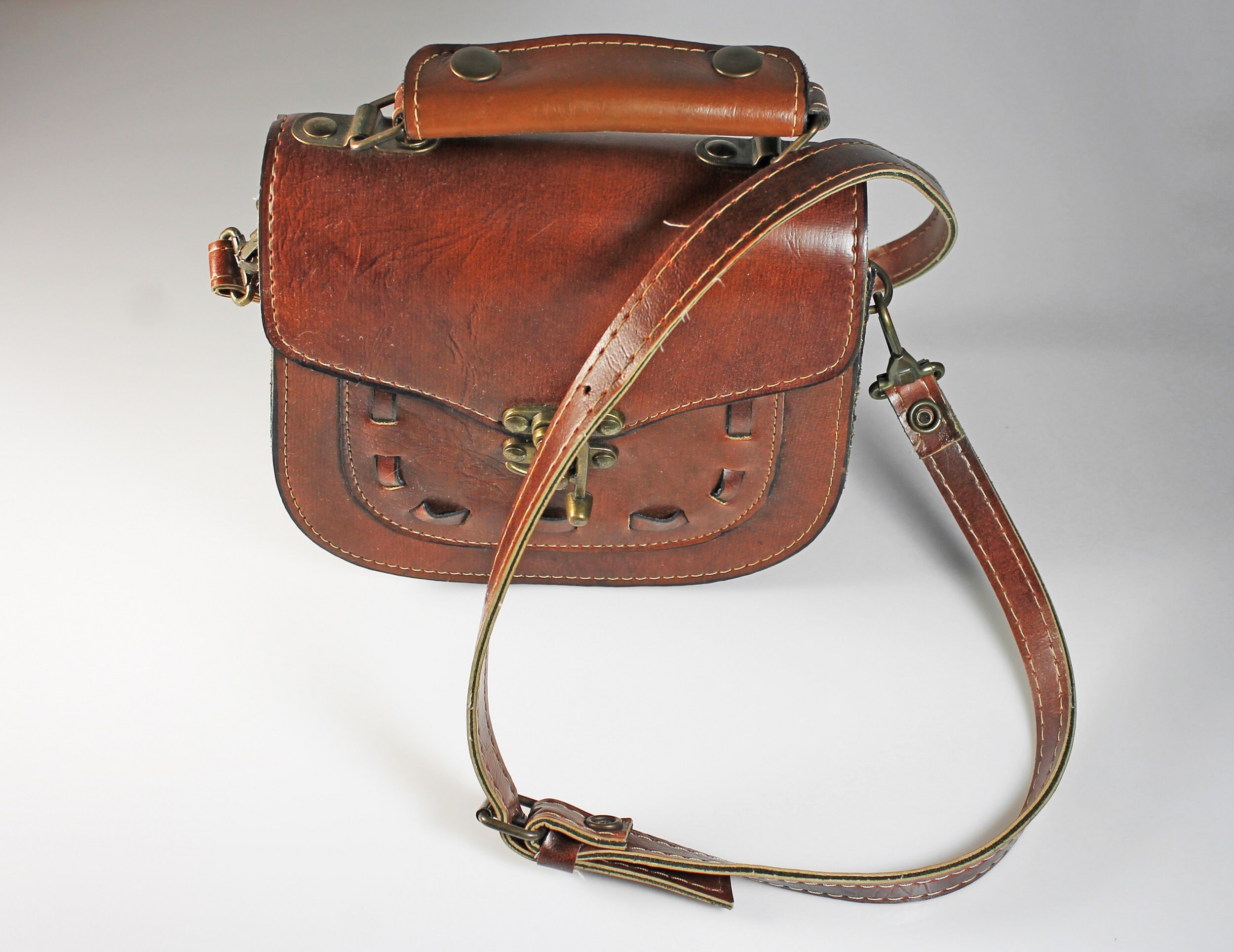 Brown Leather Saddle Bag, Shoulder Bag, Top Handle, Brass Hardware