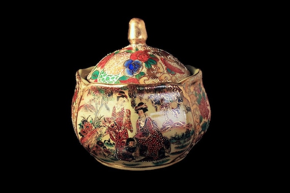 Antique Satsuma Biscuit Jar, Moriage, Meiji Period, Covered Bowl, Hand Painted, Gold Gilt, Geshia Design, Centerpiece, Unsigned