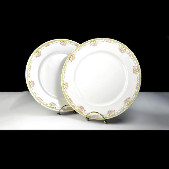 Antique Union T China Dinner Plates, Czechoslovakia, Green Floral Gold Trim, 10 Inch