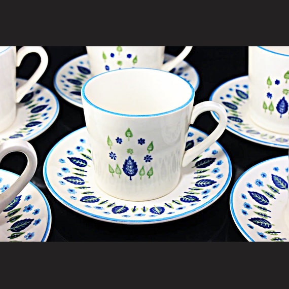 Marcrest, Cups and Saucers, Swiss Alpine, Blue and White, Leaves and Flowers, Made in USA, Porcelain, Set of 6