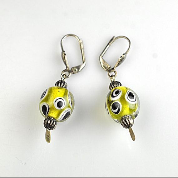 Vintage Lampwork Glass Bead Earrings Green Eye Beads Leverback Dangle