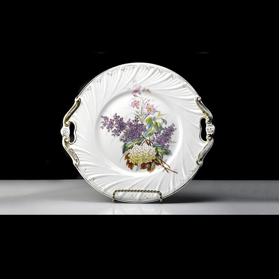 Antique Floral Handled Cake Plate, Victorian Serving Tray, Display Plate