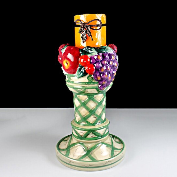 Pillar Candle Holder, Certified International Corporation, Raymond Waites, Cornucopia, Fruit Lattice, 9 Inch, Giftware