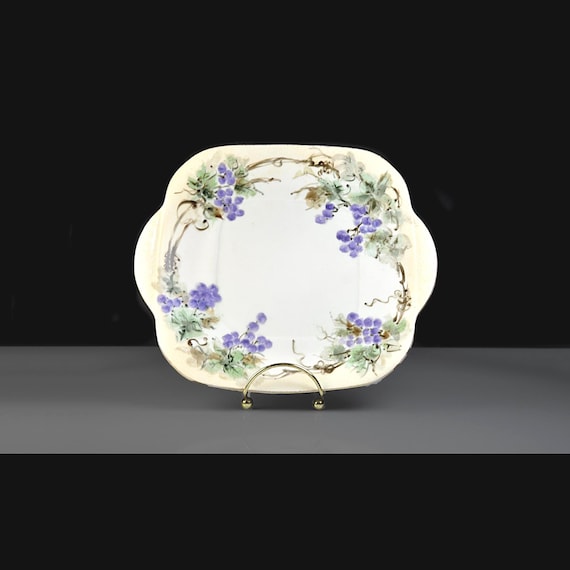 Hand Painted Grapevine Serving Tray, Antique Porcelain Handled Dish