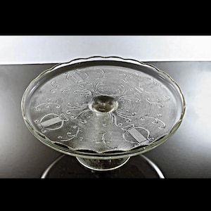 Pedestal Cake Stand, Jeannette Glass, Harp Pattern, Gold Trim, Cake Plate, Cake Platter, Dessert Stand