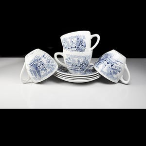 Enoch Wedgwood Countryside Cups and Saucers – Blue and White Transferware – Set of 4 – Made in England