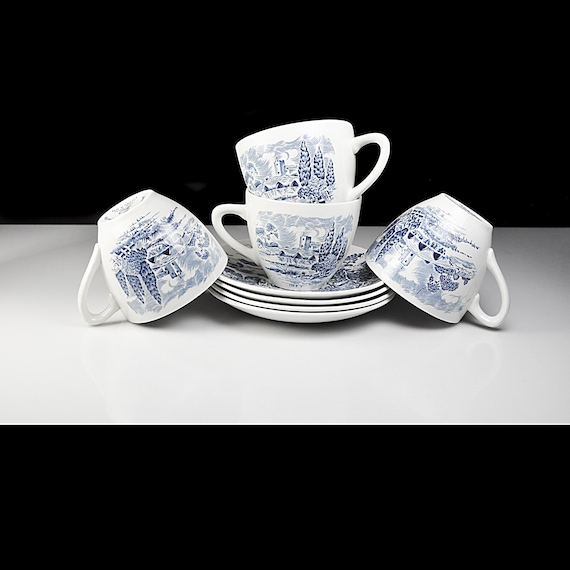 Enoch Wedgwood Countryside Cups and Saucers – Blue and White Transferware – Set of 4 – Made in England