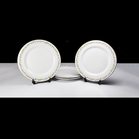 O.P. Co. Syracuse China Luncheon Plates - Melrose Pattern - Set of 4 Antique Plates (c. 1920s) - Floral Border Design