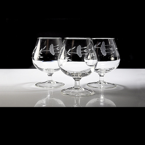 Princess House Heritage Brandy Snifters (Set of 3) - Etched Floral Glassware - Mid-Century Glass Collectibles