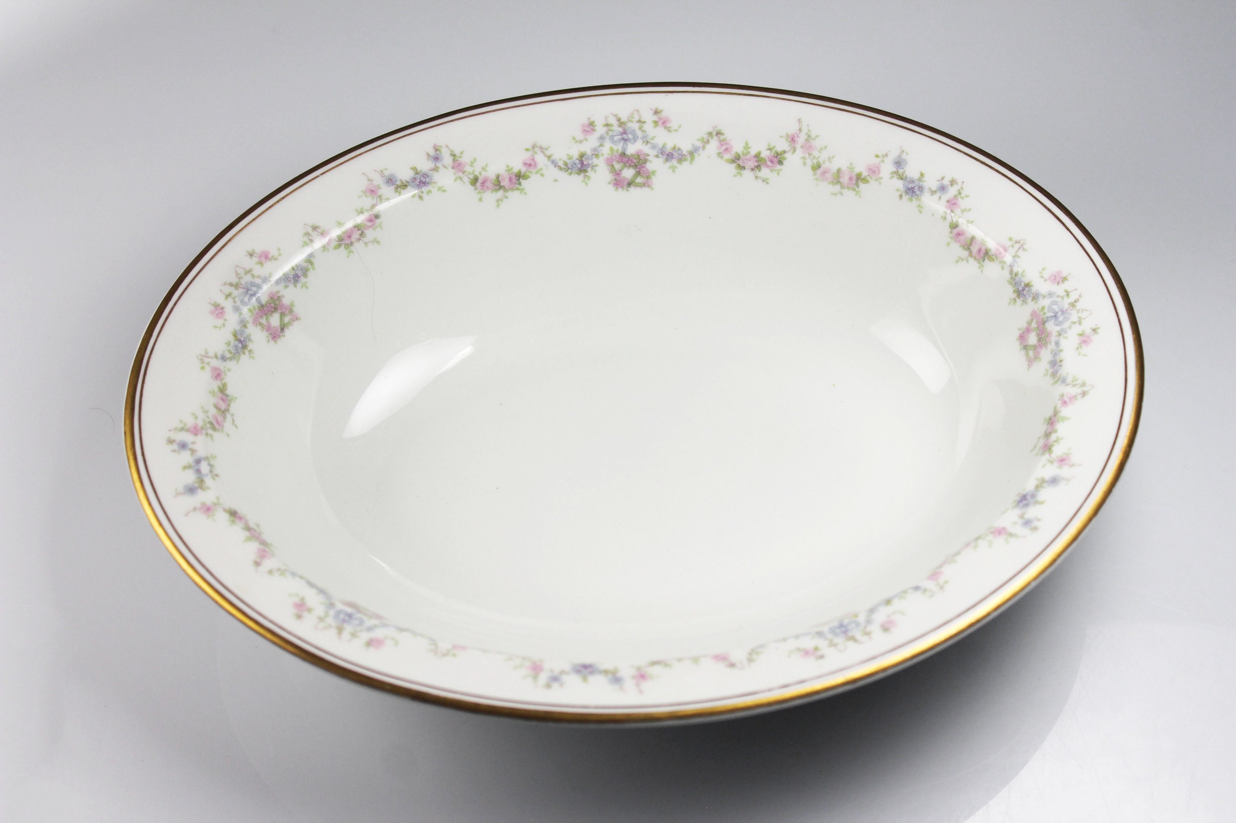 Oval Vegetable Bowl, O P Co Syracuse China, Floral Pattern, White, Pink