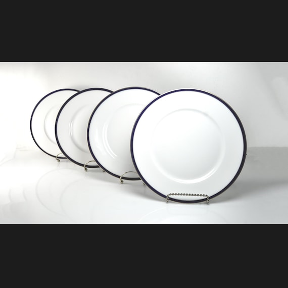 JHW Bavaria Dinner Plates, Set of 4, German Porcelain, Cobalt Blue & Gold Rim
