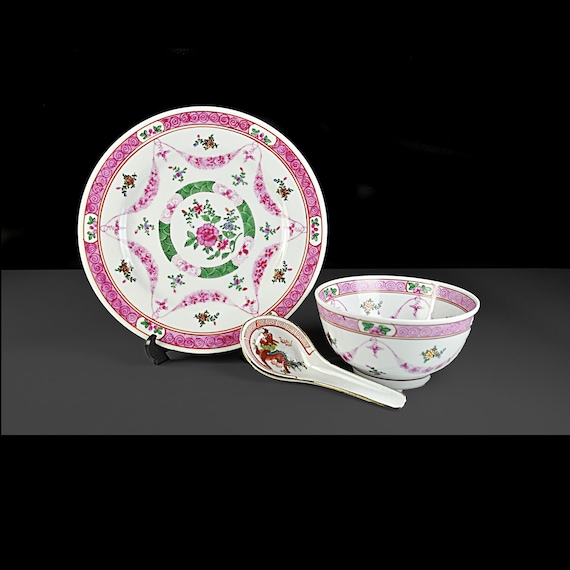 A.C.F. Japanese Porcelain Bowl & Plate Set – Decorated in Hong Kong – Pink Floral Famille Style – Free Bonus Spoon