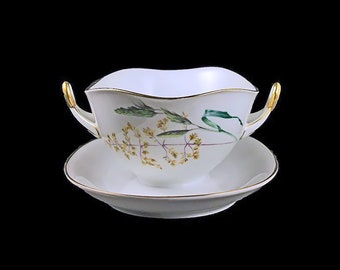 Gravy Boat, H & C  SELB Heinrich, Bavaria Germany, Attached Underplate, Sommer Pattern, White China, Gold Trim