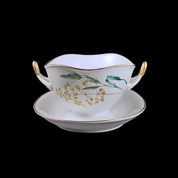 Gravy Boat, H & C  SELB Heinrich, Bavaria Germany, Attached Underplate, Sommer Pattern, White China, Gold Trim
