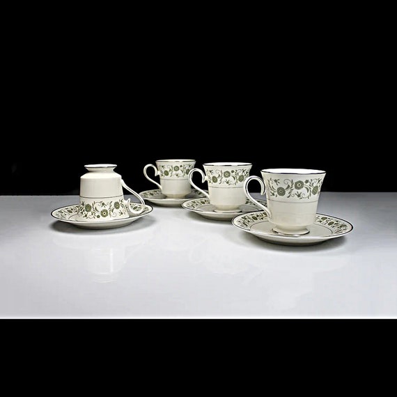 Cups and Saucers, Mikasa, Fairfax, Ivory China, Green Floral Border, Set of 4, Platinum Trim, Discontinued