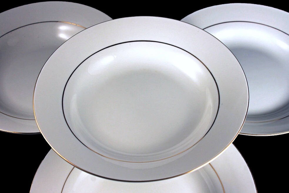 Soup Bowls, Potter & Smith, White and Gold, Set of 4, Fine China