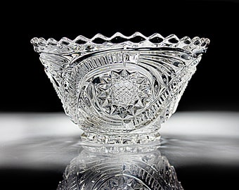 Antique EAPG Glass Bowl, Imperial Glass, Hobstar and Tassels, Clear Glass, Sawtooth Edge, 5 Inch