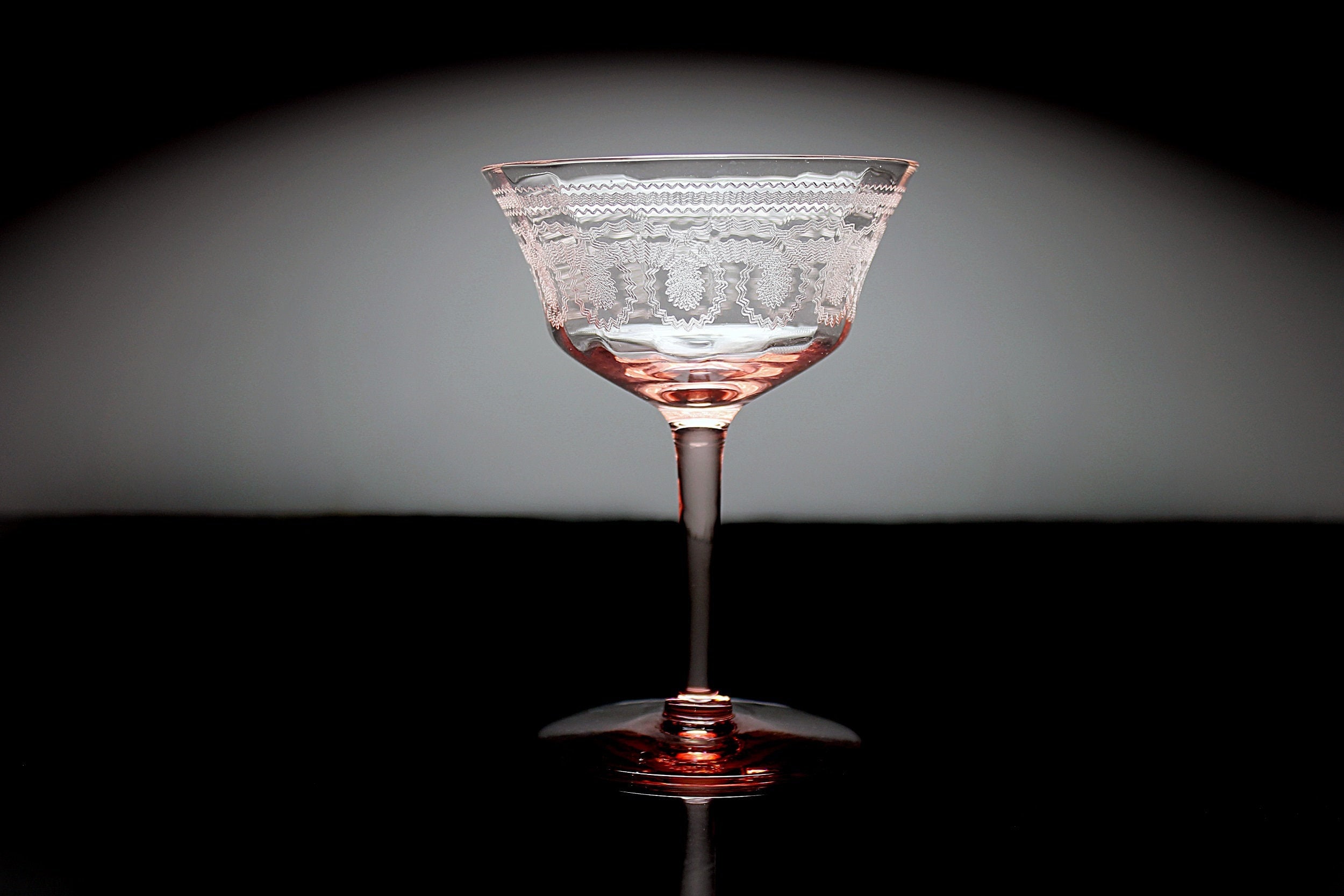 Etched Champagne Glass, Pink Glassware, Tall Sherbet Glass