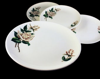 Universal Pottery, Bread and Butter Plates, Ballerina,  White Rose Pattern, Made in USA, Porcelain, Set of 4