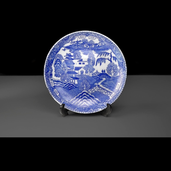 Vintage Japanese Decorative Plate, Blue and White China, Willow Style