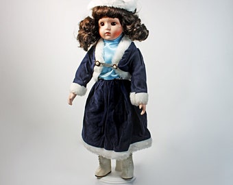 Porcelain Doll, Collectible Doll, Winter Style, Blue Velvet Dressed, 16 Inch, Display Doll, White Faux Fur Trim