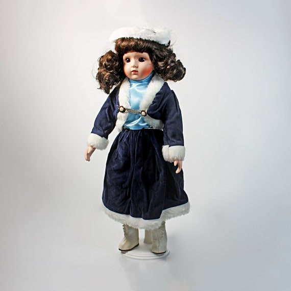 Porcelain Doll, Collectible Doll, Winter Style, Blue Velvet Dressed, 16 Inch, Display Doll, White Faux Fur Trim