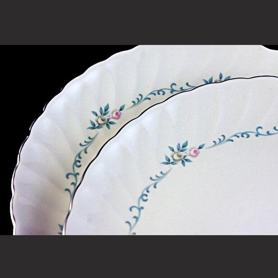 Salad Plates, Syracuse, Silhouette, Sweetheart, Pink and Gray Roses, Aqua Scrolls, Set of 2, Fine China