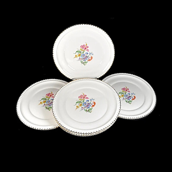 Dinner Plates, Harker Pottery Co, Set of 6, Floral Center, 22K Gold Trim, Fine China