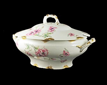 Antike Suppenterrine, Theodore Haviland, Limoges, Frankreich, rosa Mohnmuster, Schleiger 841-1, Gold getrimmt, schwer zu finden, feines Porzellan