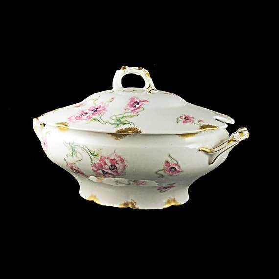 Antique Soup Tureen, Theodore Haviland, Limoges, France, Pink Poppy Pattern, Schleiger 841-1, Gold Trimmed, Hard To Find China, Fine China