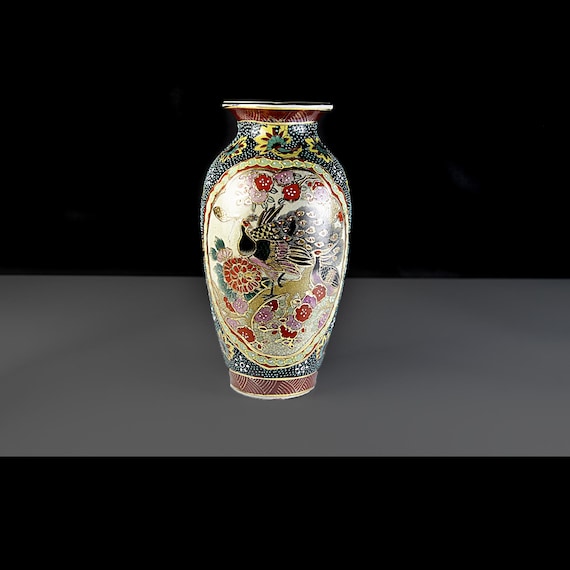 Vintage Japanese Satsuma Moriage Peacock Vase, Hand Painted Crackle Pottery