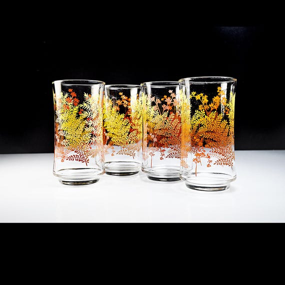 Libbey Fern Leaf Tumblers – Set of 4 Autumn Botanical Glasses – 10 oz – Mid-Century Barware – Excellent Condition