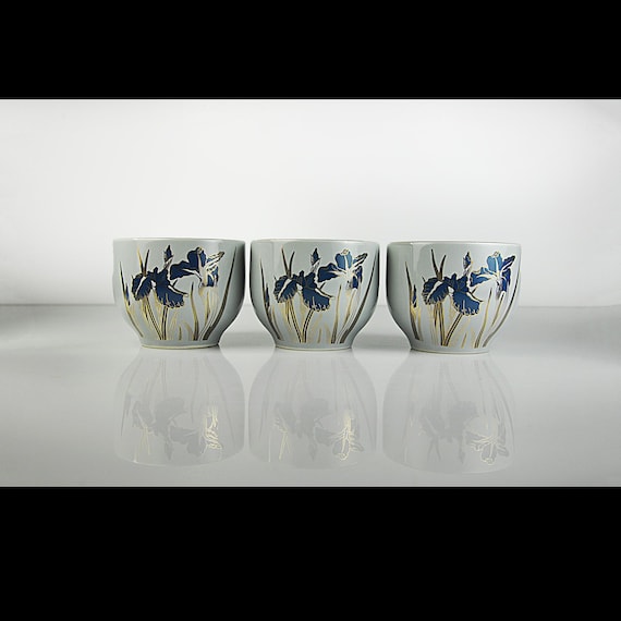 Otagiri Royal Iris Teacups - Set of 3, Japanese Ceramic Teacups with Blue Iris and Gold Detailing, Collectible Mid-Century Modern