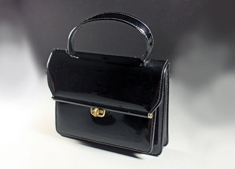 Black Patent Handbag, Top Handle, Faux Leather, 2 Open Compartments